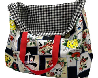 Reversible Classic Tattoo Shopping Tote Bag: Reusable Halloween Trick or Treat Bag
