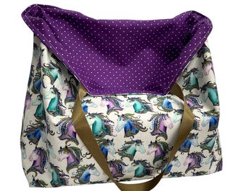 Handmade Reversible Cotton Shopping Bag: Unicorn Print, Long Straps