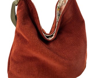 Corduroy Hobo Bag: Floral Print, Adjustable Strap, Machine Washable, Handmade