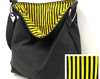Black Canvas Crossbody Bag, Yellow Striped Lining, Washable Slouchy Shoulder Bag