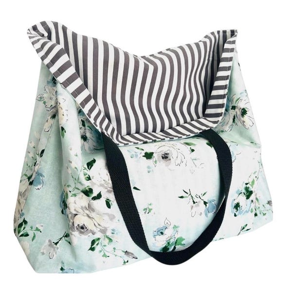 Floral Reversible Cotton Shopping Bag: Handmade Cloth Grocery Tote