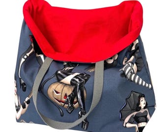 Pin Up Witch Reversible Cotton Shopping Tote: Rockabilly Halloween Bag