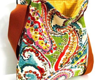 Handmade Paisley Canvas Crossbody Bag: Floral Slouchy Shoulder Purse