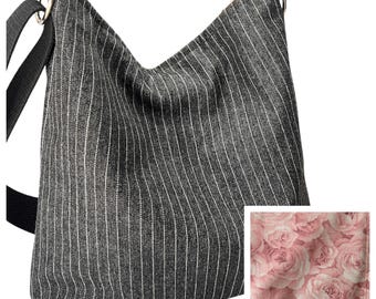 Black Pin Striped Denim Crossbody Bag: Handmade Slouchy Purse, Choose Your Floral Print Lining