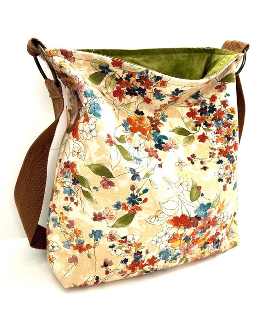 Floral Canvas Crossbody Bag: Slouchy Handmade Shoulder Purse with a Watercolor Print