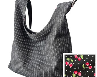 Slouchy Cotton Denim Shoulder Bag: Handmade Purse, Pink Cherry Print