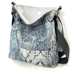 Slouchy Canvas Crossbody Bag: Blue Tapestry Print, Washable Travel Purse