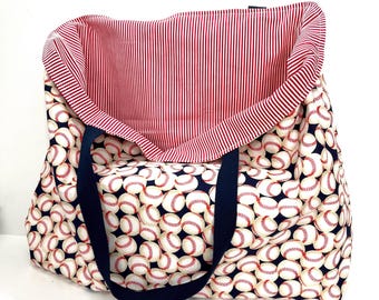 Baseball Reversible Cotton Tote Bag: Reusable Grocery Shopping Bag