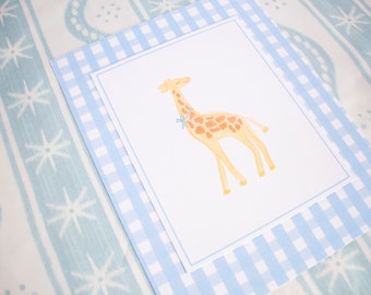 Giraffe Print on Blue Gingham Mat, Baby Nursery Art, Grandmillennial Style, Blue Gingham