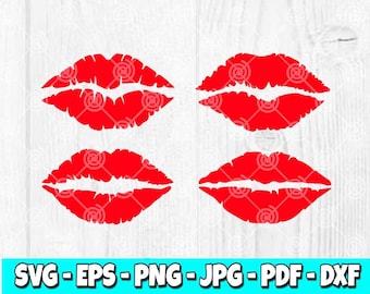 Könnte beinhalten: Vier rote Lippen-Druckdesigns auf weißem Holzgrund. Der Text "SVG-EPS-PNG-JPG-PDF-DXF" befindet sich am unteren Rand des Bildes. Wasserzeichen wird beim Kauf entfernt.