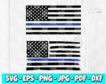 May include: Two versions of an American flag with a blue line, one with a distressed look and one with a clean look. The text "SVG-EPS-PNG-JPG-PDF-DXF" is at the bottom of the image.