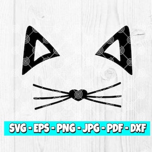 以下が含まれることがあります： 白い木目調の背景に、黒い猫の顔のシルエットが描かれています。耳とひげがあります。 SVG-EPS-PNG-JPG-PDF-DXF.
