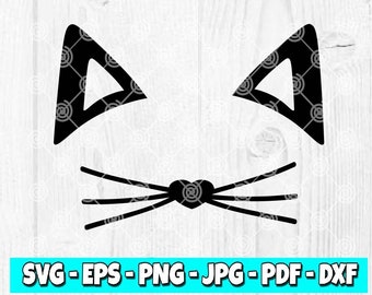 May include: Black cat face design with triangular ears and whiskers, featuring a heart-shaped nose. The image includes the text "SVG - EPS - PNG - JPG - PDF - DXF". The watermark is removed with purchase.