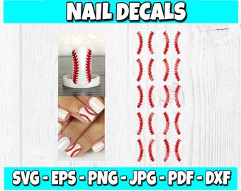 May include: Baseball-themed nail decals. The image shows nail art with red stitching designs, along with a sample nail design. The text "NAIL DECALS" is displayed in a blue box. File formats include SVG, EPS, PNG, JPG, PDF, and DXF.