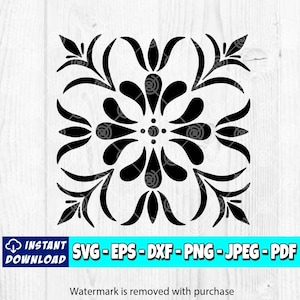 Pode incluir: Download digital preto e branco de um padrão de ladrilho simétrico com um design floral. O design apresenta uma flor central com quatro pétalas e quatro folhas de cada lado. DOWNLOAD INSTANTÂNEO SVG-EPS-DXF-PNG-JPEG-PDF. A marca d'água é removida com a compra.
