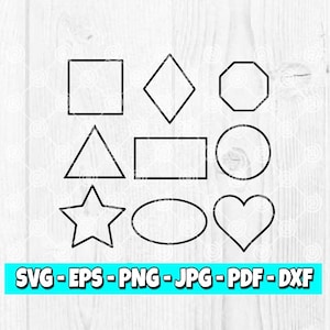 May include: A set of nine black and white outline shapes, including a square, diamond, hexagon, triangle, rectangle, circle, star, oval, and heart. The shapes are on a white woodgrain background. SVG-EPS-PNG-JPG-PDF-DXF