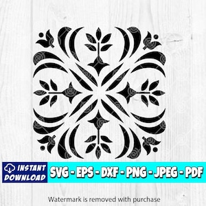 May include: Black and white square design with floral and geometric elements. The design includes leaves, curved lines, and star-like shapes. The image also includes the text "INSTANT DOWNLOAD" and file type options.