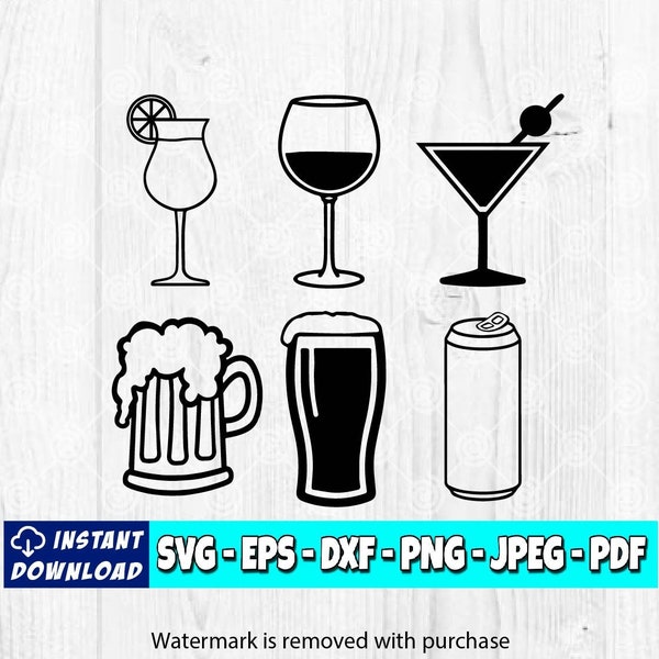 Boisson Bundle SVG | Boissons SVG | Vin svg | Bière svg | Cocktail svg | Marguerite svg | Boissons alcoolisées svg | Fichier Cricut | Silhouette | BSDIS