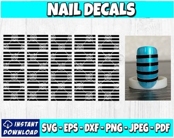 May include: Nail decals with a black and blue striped design. The decals are shown on a fingernail. The image also includes the text "NAIL DECALS" and "INSTANT DOWNLOAD SVG-EPS-DXF-PNG-JPEG-PDF".