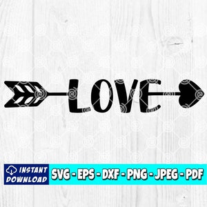 Könnte beinhalten: Schwarzweißes Grafikdesign eines Pfeils mit dem Wort "LOVE" in der Mitte. Der Pfeil zeigt nach rechts und hat eine Herzform am Ende.