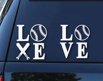 May include: White vinyl decal with the word "LOVE" spelled out with a baseball graphic replacing the "O" and a pair of crossed baseball bats replacing the "X".