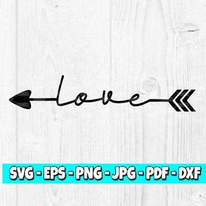 Könnte beinhalten: Schwarzweißes Grafikdesign eines Pfeils mit dem Wort "love" darauf. Der Pfeil zeigt nach rechts.