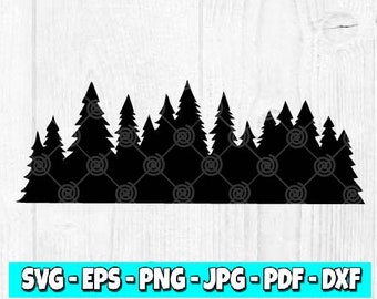 May include: Black silhouette of a forest of pine trees. The trees are arranged in a row, with varying heights. Below the trees is a decorative pattern. The image includes the text: SVG - EPS - PNG - JPG - PDF - DXF.