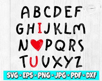 May include: A white wood background with black letters spelling out the alphabet with a red heart replacing the letter "I" and the text "SVG-EPS-PNG-JPG-PDF-DXF" at the bottom.