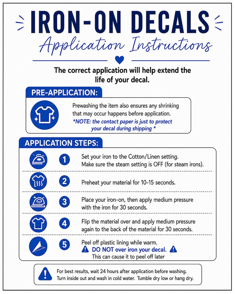 May include: An instructional guide for iron-on decals featuring blue text and icons on a white background. It outlines pre-application steps, five numbered application steps, and post-application care instructions including washing and drying advice.