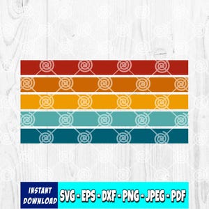 May include: A retro-style graphic design featuring horizontal stripes in shades of red, orange, yellow, teal, and dark blue. Each stripe is adorned with a repeating circular pattern. The words "INSTANT DOWNLOAD" and file type options are displayed below.