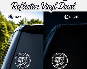 May include: A circular reflective vinyl decal applied to a car window, featuring the text 'custom IMAGE here' inside a dotted border. The image shows a comparison between the decal's appearance during the day and its bright glow at night.
