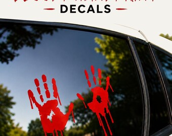 May include: Two red handprint decals with a dripping effect applied to a car window. The text BLOODY HANDPRINT - DECALS - is printed in red and black at the top of the image. The decals are positioned on the glass surface of the vehicle.