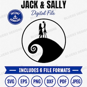 May include: A black and white digital file graphic featuring the silhouettes of Jack and Sally standing on a spiral hill inside a circle. The text reads JACK & SALLY Digital File, Includes 6 File Formats, and lists SVG, EPS, PNG, DXF, PDF, and JPEG.