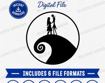 May include: A black and white digital file graphic featuring the silhouettes of Jack and Sally standing on a spiral hill inside a circle. The text reads JACK & SALLY Digital File, Includes 6 File Formats, and lists SVG, EPS, PNG, DXF, PDF, and JPEG.