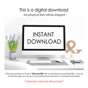 K&ouml;nnte beinhalten: Ein Computermonitor zeigt "INSTANT DOWNLOAD" auf wei&szlig;em Bildschirm. Das Bild enth&auml;lt Text, der besagt, dass es sich um einen digitalen Download handelt, ohne dass ein physischer Artikel versendet wird. Eine kleine Topfpflanze und ein h&ouml;lzernes Et-Zeichen stehen auf dem Schreibtisch.