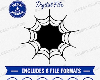 May include: A black spider web graphic centered on a white background with the text SPIDER WEB Digital File, an instant download badge, and a blue banner stating INCLUDES 6 FILE FORMATS followed by icons for SVG, EPS, PNG, DXF, PDF, and JPEG.