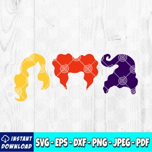 K&ouml;nnte beinhalten: Eine digitale Grafik mit drei stilisierten Hexenhaarsilhouetten in Gelb, Rot-Orange und Lila. Das Bild enth&auml;lt den Text "SOFORT-DOWNLOAD" und Dateitypoptionen: SVG, EPS, DXF, PNG, JPEG und PDF.