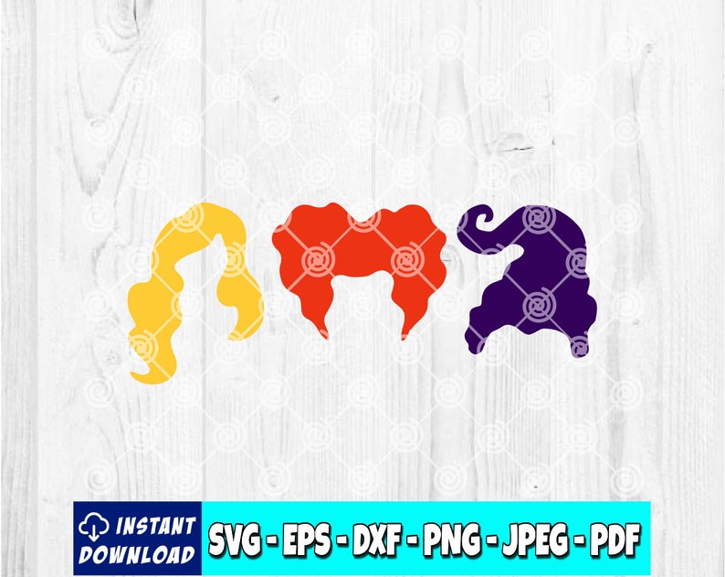 K&ouml;nnte beinhalten: Eine digitale Grafik mit drei stilisierten Hexenhaarsilhouetten in Gelb, Rot-Orange und Lila. Das Bild enth&auml;lt den Text "SOFORT-DOWNLOAD" und Dateitypoptionen: SVG, EPS, DXF, PNG, JPEG und PDF.