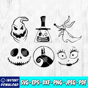 Puede incluir: Gráficos vectoriales en blanco y negro que representan personajes de una popular película de animación. Incluye imágenes de un personaje con la cara cosida, una figura con sombrero de copa, un perro fantasma, una cara sonriente y una cara femenina.