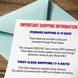 May include: A white sheet of paper with black text outlining important shipping information for Etsy orders. The text explains that standard shipping takes 5-14 days and is processed through Pitney Bowes. First class shipping takes 1-5 days and is processed with USPS.