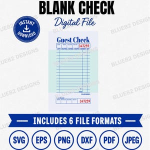 Può includere: Un file digitale di un conto ristorante vuoto con linee e testo blu su sfondo bianco, inclusi i numeri di serie rossi 347259. Il design include intestazioni per data, tavolo, ospiti e cameriere, con una sezione per le voci e il totale.