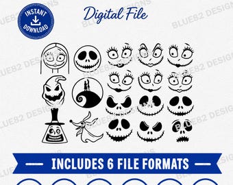 May include: A digital file Christmas bundle featuring black graphic illustrations of characters and various facial expressions from The Nightmare Before Christmas, including text that reads CHRISTMAS BUNDLE, Digital File, and INCLUDES 6 FILE FORMATS.