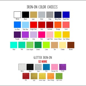 May include: A color chart displaying various iron-on vinyl options, including solid colors like white, black, gold, silver, gray, navy, royal blue, ice blue, red, orange, coral, purple, pink, yellow, mint, green, tan, and brown, plus glitter iron-on choices.