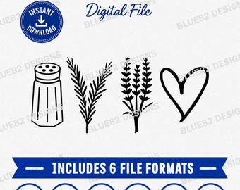 May include: A digital file design featuring the text PRACTICAL MAGIC and Digital File, with black line art icons of a salt shaker, a sprig of rosemary, a sprig of lavender, and a heart. A blue banner states INCLUDES 6 FILE FORMATS with SVG, EPS, PNG, DXF, PDF, and JPEG icons.