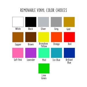 May include: A chart showing removable vinyl color choices for a craft project. The colors include white, black, silver, gray, gold, copper, brown, yellow, orange, red, soft pink, lavender, mint, ice blue, brilliant blue, and lime green.