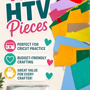 Może przedstawiać: Kolekcja ponad 100 kawałków folii termotransferowej w różnych kolorach i rozmiarach. Obraz zawiera tekst 100+ HTV Pieces, Perfect for Cricut Practice, Budget-Friendly Crafting, Great Value for Every Crafter oraz Assorted Colors & Sizes.