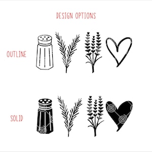 May include: Two design options for a salt shaker, sprig of rosemary, lavender sprig, and a heart. The top row shows the outline of each design, while the bottom row shows the solid design.