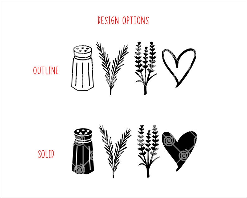 May include: Two design options for a salt shaker, sprig of rosemary, lavender sprig, and a heart. The top row shows the outline of each design, while the bottom row shows the solid design.