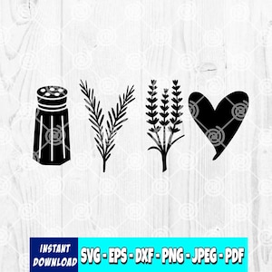 Puede incluir: Ilustraciones digitales en blanco y negro de un salero, ramitas de romero, lavanda y un corazón. La imagen incluye el texto "INSTANT DOWNLOAD" y opciones de tipo de archivo: SVG, EPS, DXF, PNG, JPEG y PDF.