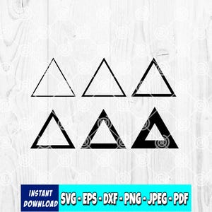 May include: Black and white graphic featuring six triangles in various styles. The top row shows three outlined triangles, while the bottom row displays three solid black triangles, with one having a cutout. The image includes the text "INSTANT DOWNLOAD" and file type options.